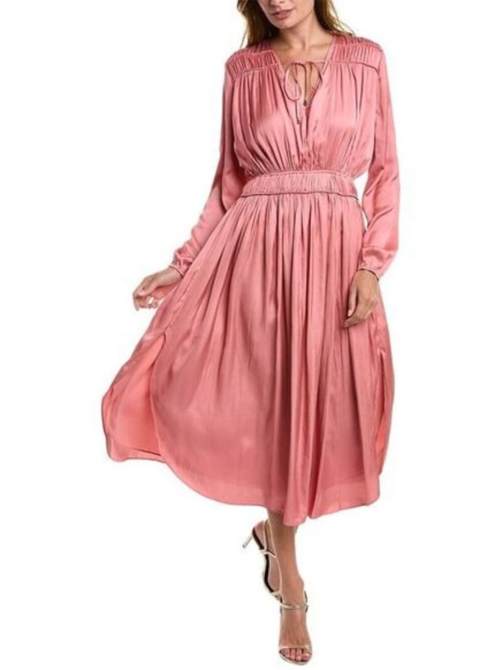Elie‎ Tahari Shirred Maxi Dress Pink Satin Sorbet Sz Large